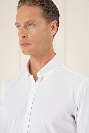 Gk 727 Slim Fit Düğmeli Yaka Esnek Pamuk Klasik Beyaz Gömlek