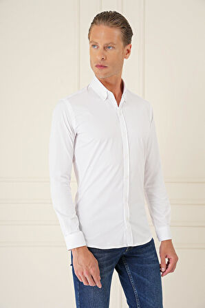 Gk 727 Slim Fit Düğmeli Yaka Esnek Pamuk Klasik Beyaz Gömlek