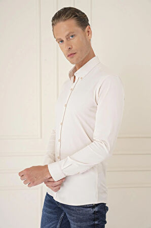 Gk 727 Slim Fit Düğmeli Yaka Esnek Pamuk Klasik Bej Gömlek