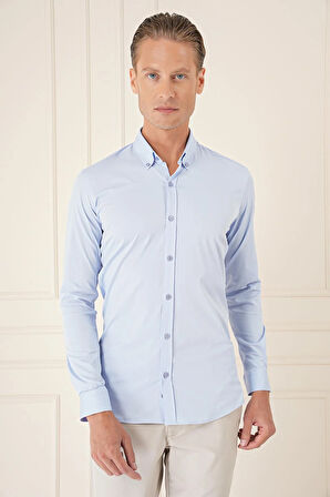 Gk 727 Slim Fit Düğmeli Yaka Esnek Pamuk Klasik Mavi Gömlek