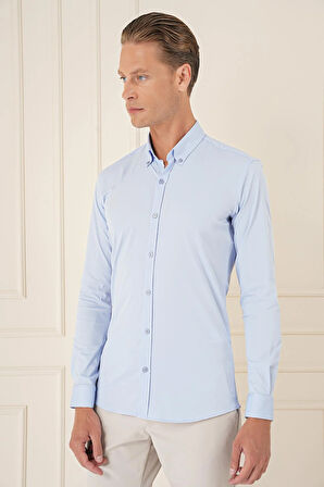 Gk 727 Slim Fit Düğmeli Yaka Esnek Pamuk Klasik Mavi Gömlek