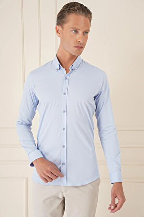 Gk 727 Slim Fit Düğmeli Yaka Esnek Pamuk Klasik Mavi Gömlek