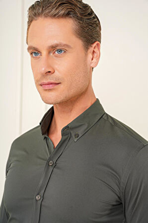 Gk 727 Slim Fit Düğmeli Yaka Esnek Pamuk Klasik Haki Gömlek