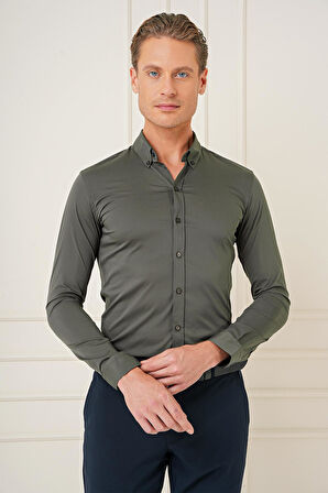 Gk 727 Slim Fit Düğmeli Yaka Esnek Pamuk Klasik Haki Gömlek