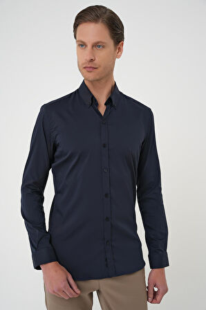 Gk 727 Slim Fit Düğmeli Yaka Esnek Pamuk Klasik Lacivert Gömlek