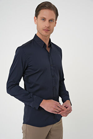 Gk 727 Slim Fit Düğmeli Yaka Esnek Pamuk Klasik Lacivert Gömlek