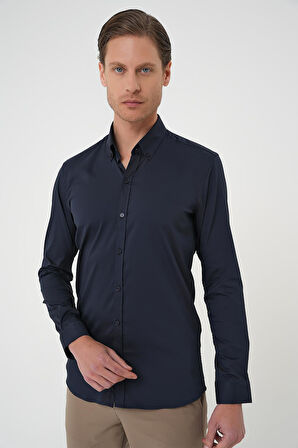 Gk 727 Slim Fit Düğmeli Yaka Esnek Pamuk Klasik Lacivert Gömlek