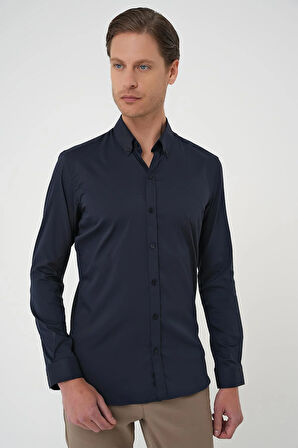 Gk 727 Slim Fit Düğmeli Yaka Esnek Pamuk Klasik Lacivert Gömlek