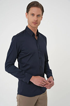 Gk 727 Slim Fit Düğmeli Yaka Esnek Pamuk Klasik Lacivert Gömlek