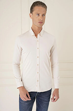 Gk 727 Slim Fit Düğmeli Yaka Esnek Pamuk Klasik Bej Gömlek