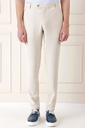 Comfort Fit Beli Lastikli Balıksırtı Dokuma Casual Bej Pantolon P 1155