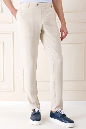 Comfort Fit Beli Lastikli Balıksırtı Dokuma Casual Bej Pantolon P 1155