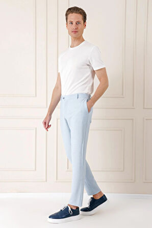 Comfort Fit Beli Lastikli Balıksırtı Dokuma Casual Mavi Pantolon P 1155