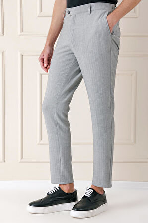 Comfort Fit Beli Lastikli Balıksırtı Dokuma Casual Gri Pantolon P 1155