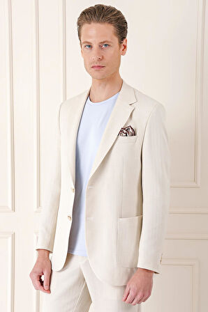 C 672 Comfort Fit Çift Yırtmaç Balıksırtı Dokuma Pamuk Casuel Bej Ceket