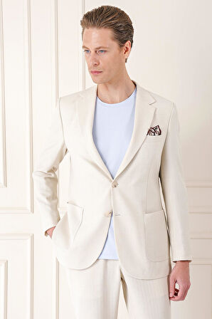 C 672 Comfort Fit Çift Yırtmaç Balıksırtı Dokuma Pamuk Casuel Bej Ceket