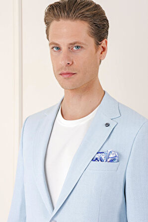 C 672 Comfort Fit Çift Yırtmaç Balıksırtı Dokuma Pamuk Casuel Mavi Ceket