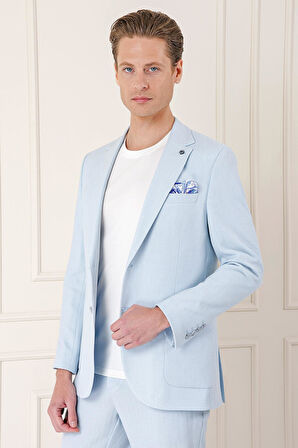 C 672 Comfort Fit Çift Yırtmaç Balıksırtı Dokuma Pamuk Casuel Mavi Ceket