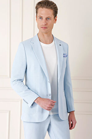 C 672 Comfort Fit Çift Yırtmaç Balıksırtı Dokuma Pamuk Casuel Mavi Ceket