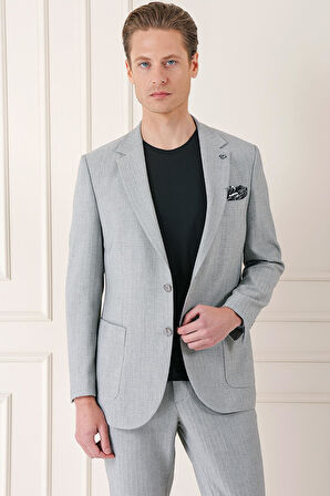 C 672 Comfort Fit Çift Yırtmaç Balıksırtı Dokuma Pamuk Casuel Gri Ceket