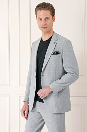 C 672 Comfort Fit Çift Yırtmaç Balıksırtı Dokuma Pamuk Casuel Gri Ceket