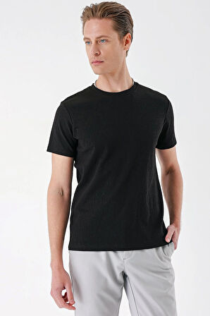 Ts 882 Slim Fit Bisiklet Yaka Sıva Dokuma Pamuklu Siyah Tişört