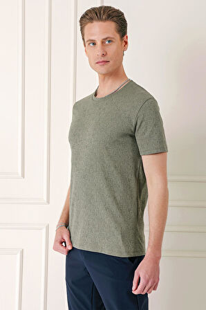 Ts 882 Slim Fit Bisiklet Yaka Sıva Dokuma Pamuklu Haki Tişört