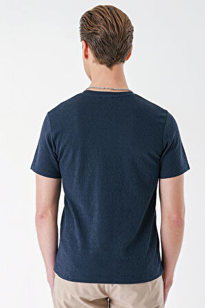 Ts 882 Slim Fit Bisiklet Yaka Sıva Dokuma Pamuklu Lacivert Tişört