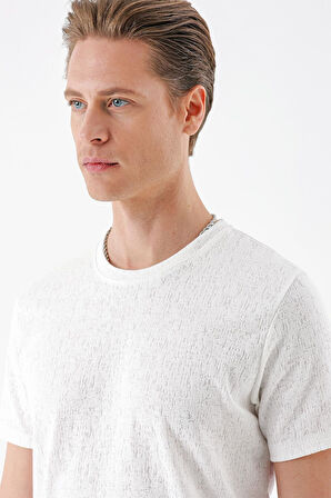 Ts 882 Slim Fit Bisiklet Yaka Sıva Dokuma Pamuklu Ekru Tişört