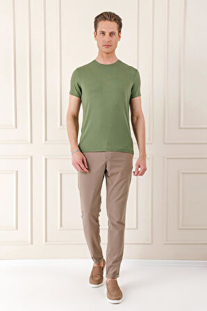 Ts 823 Slim Fit Bisiklet Yaka Düz Pamuklu Haki Tişört