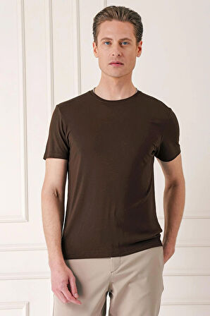 Ts 823 Slim Fit Bisiklet Yaka Düz Pamuklu Kahverengi Tişört