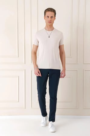 Ts 823 Slim Fit Bisiklet Yaka Düz Pamuklu Açık Bej Tişört