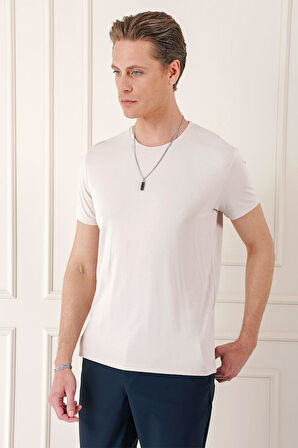 Ts 823 Slim Fit Bisiklet Yaka Düz Pamuklu Açık Bej Tişört