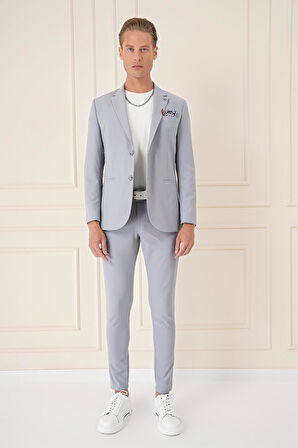 C 675 Comfort Fit Çift Yırtmaç Fleto Cep Esnek Pamuk Casuel Gri Mavi Ceket