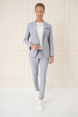 C 675 Comfort Fit Çift Yırtmaç Fleto Cep Esnek Pamuk Casuel Gri Mavi Ceket