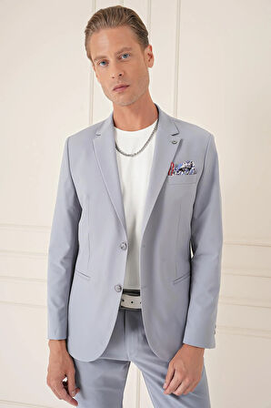 C 675 Comfort Fit Çift Yırtmaç Fleto Cep Esnek Pamuk Casuel Gri Mavi Ceket