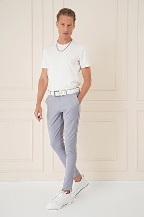P 1144 Slim Fit Yan Cepli Düz Esnek Casuel Gri Mavi Pantolon