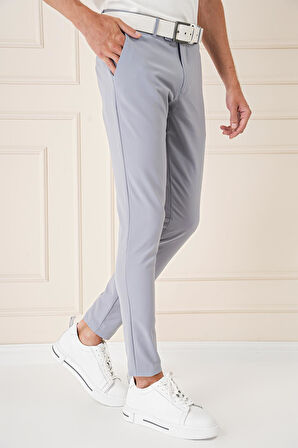 P 1144 Slim Fit Yan Cepli Düz Esnek Casuel Gri Mavi Pantolon