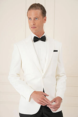 Black 035 Slim Fit Saten Yaka Çift Yırtmaçlı Tek Düğmeli Krem Damatlık Smokin Ceket