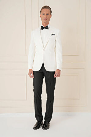 Black 035 Slim Fit Saten Yaka Çift Yırtmaçlı Tek Düğmeli Krem Damatlık Smokin Ceket