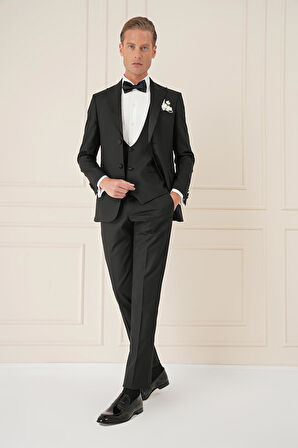 Black 077 Slim Fit Çıkma Saten Yaka Yelekli Siyah Damatlık Smokin Takım