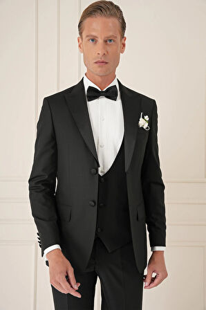 Black 077 Slim Fit Çıkma Saten Yaka Yelekli Siyah Damatlık Smokin Takım