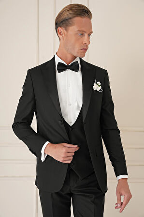 Black 077 Slim Fit Çıkma Saten Yaka Yelekli Siyah Damatlık Smokin Takım