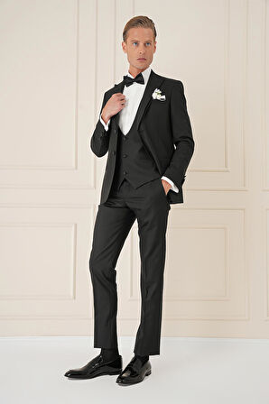 Black 077 Slim Fit Çıkma Saten Yaka Yelekli Siyah Damatlık Smokin Takım