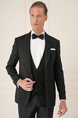Black 078 Slim Fit Çıkma Saten Yaka Cerutti Kumaş Yelekli Siyah Damatlık Smokin Takım