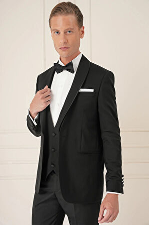 Black 078 Slim Fit Çıkma Saten Yaka Cerutti Kumaş Yelekli Siyah Damatlık Smokin Takım