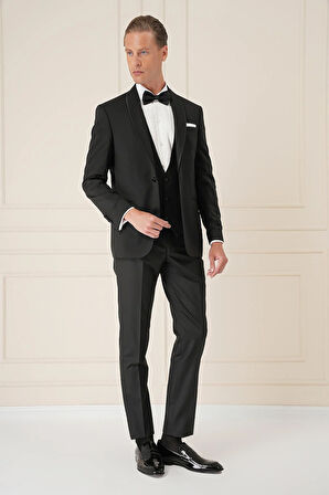 Black 078 Slim Fit Çıkma Saten Yaka Cerutti Kumaş Yelekli Siyah Damatlık Smokin Takım