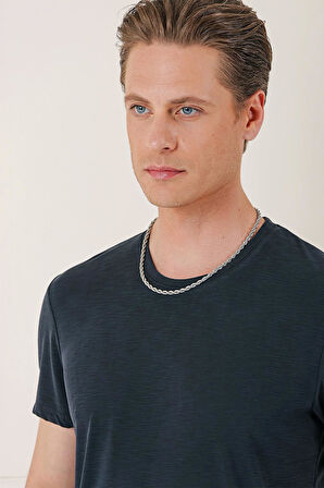 Ts 881 Slim Fit Bisiklet Yaka Doku Desenli Pamuklu Siyah Tişört