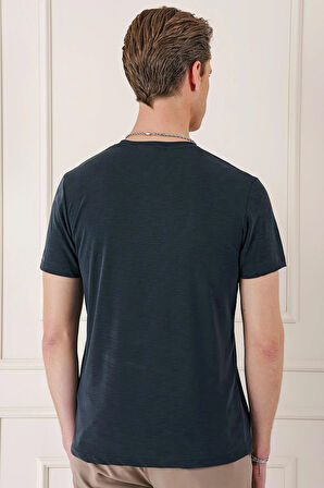 Ts 881 Slim Fit Bisiklet Yaka Doku Desenli Pamuklu Siyah Tişört