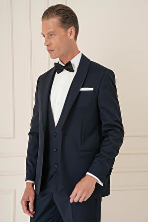 Black 078 Slim Fit Çıkma Saten Yaka Cerutti Kumaş Yelekli Lacivert Damatlık Smokin Takım